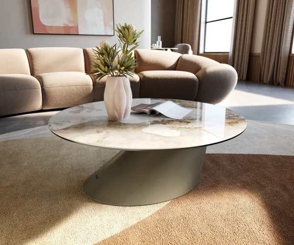 Table basse Edge rond 90x90 cm céramique Minas Melange Conis Metall finition effet titane