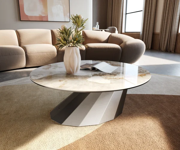 Table basse Edge rond 90x90 cm céramique Minas Melange Parabi acier inoxydable brossé