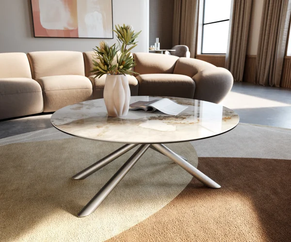 Table basse Edge rond 90x90 cm céramique Minas Melange Sarity acier inoxydable brossé