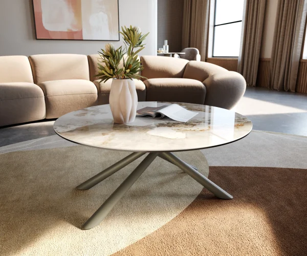 Table basse Edge rond 90x90 cm céramique Minas Melange Sarity Metall finition effet titane