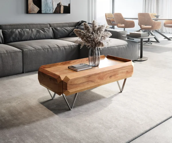 Table-basse Kiano 100x50 cm acacia naturel 2 tiroirs pied en V inoxydable