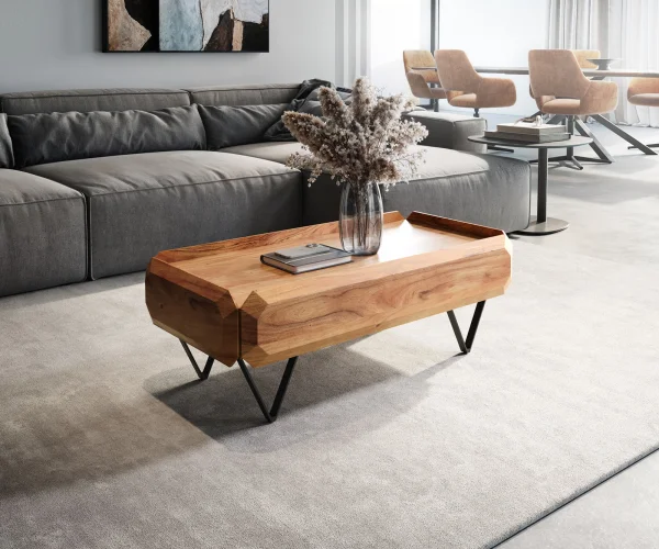 Table-basse Kiano 100x50 cm acacia naturel 2 tiroirs pied en V noir