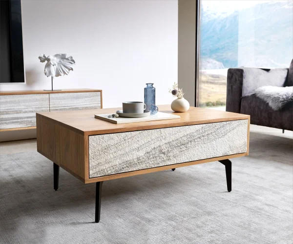 Table basse Kleo 80x60 cm acacia naturel 2 tiroirs pieds angulaires métal noir