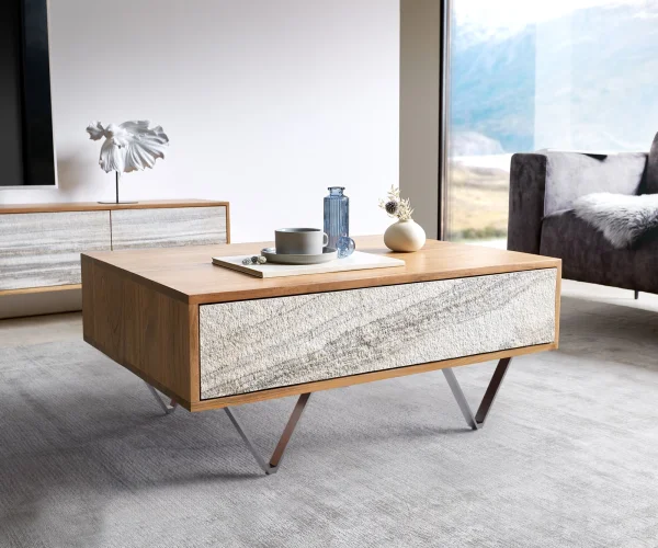 Table basse Kleo 80x60 cm acacia naturel 2 tiroirs pieds en V inox
