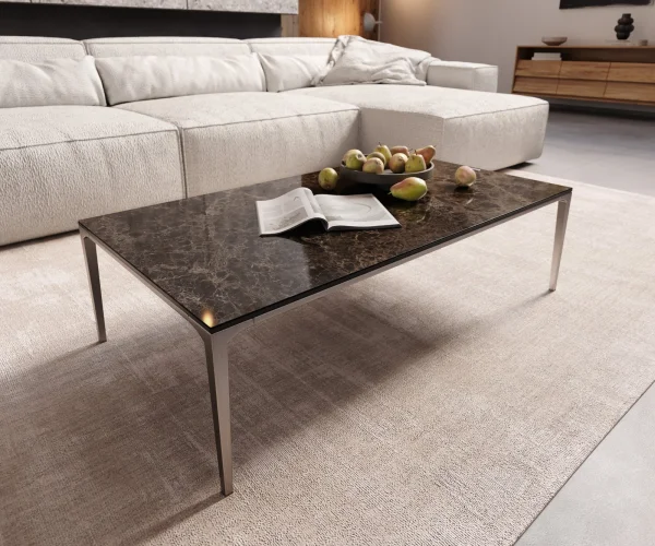 Table-basse Levente 110x60 cm Céramique Laminam®Emperador Extra Lucidato Marron foncé Piétement inox Argent