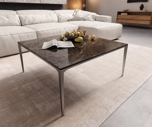 Table-basse Levente 85x85 cm Céramique Laminam®Emperador Extra Lucidato Marron foncé Piétement inox Argent