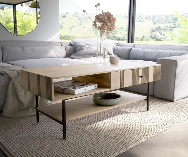 Table-basse Nereos 130x60 cm Manguier White Wash Métal noir