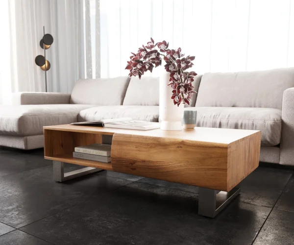 Table-basse New Live-Edge 115x60 cm acacia naturel 2 tiroirs 1 compartiment patin inoxydable brossé