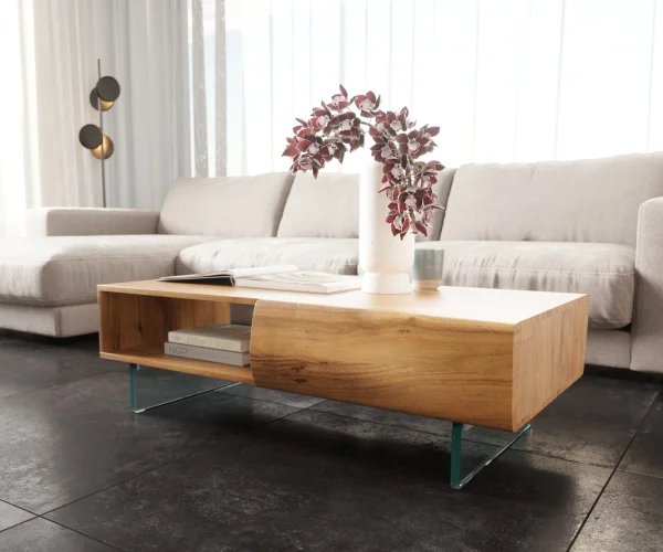 Table basse New Live-Edge 115x60 cm acacia naturel 2 tiroirs 1 compartiment pieds en verre