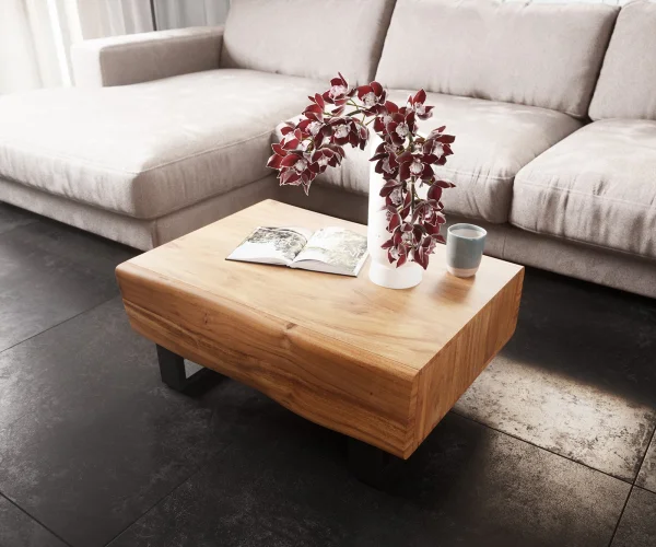 Table-basse New Live-Edge 80x60 cm acacia naturel 2 tiroirs patin métal noir