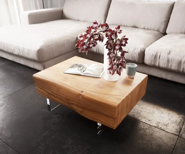 Table-basse New Live-Edge 80x60 cm acacia naturel 2 tiroirs pied acrylique