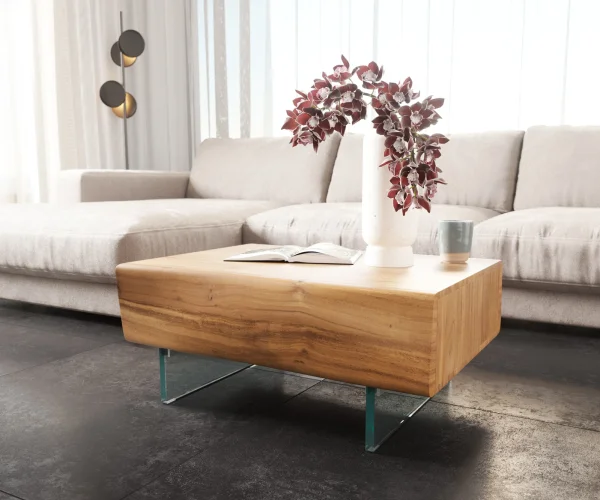 Table basse New Live-Edge 80x60 cm acacia naturel 2 tiroirs pieds en verre