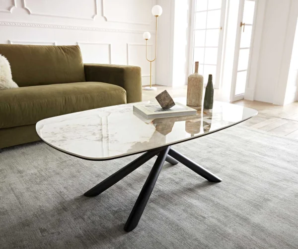 Table-basse Sarita 120x70 cm céramique Minas Melange blanc-beige piètement métal noir