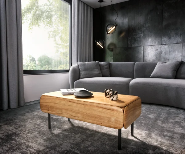 Table-basse Shavani 100x50 cm acacia naturel 2 tiroirs abattantes métal noir