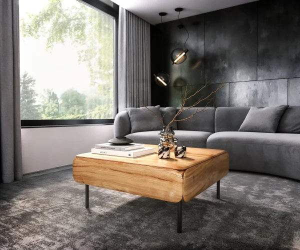 Table-basse Shavani 90x90 cm acacia naturel 2 portes abattantes métal noir
