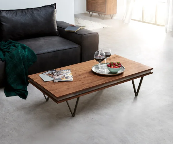 Table-basse Stonegrace 117x60 cm acacia brun ardoise pied en V noir