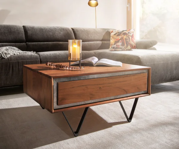 Table-basse Stonegrace 80x60 cm acacia brun 2 tiroirs placage pierre