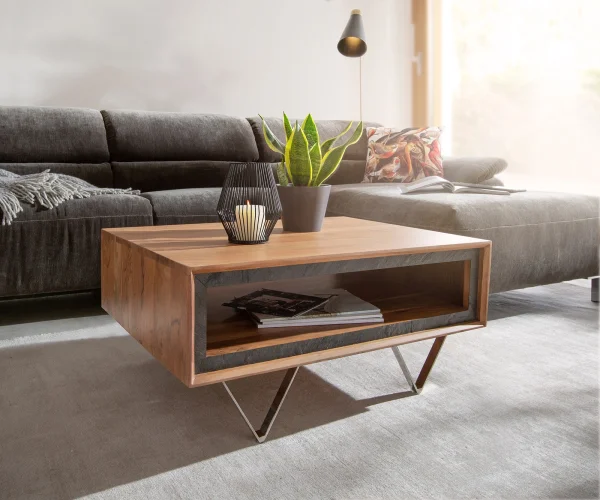 Table-basse Stonegrace 80x60 cm acacia naturel 1 compartiment plaqué pierre