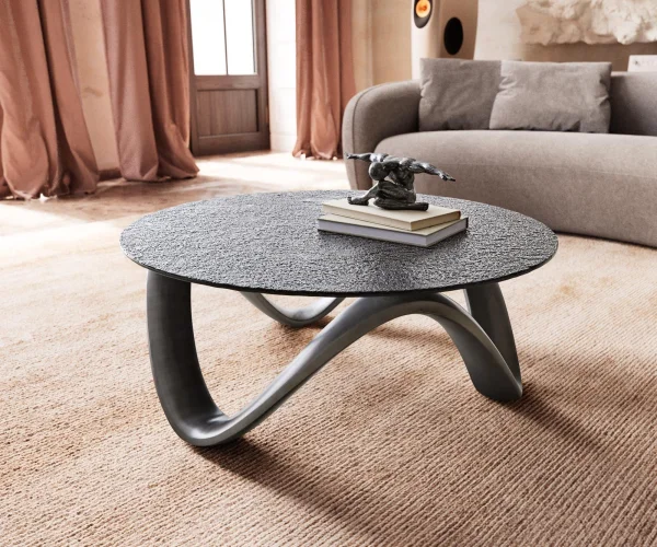 Table basse Tanju 90x90 cm argent avec verre en relief gris