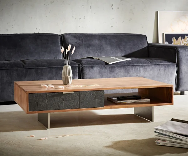 Table-basse Teele 115x60 cm acacia naturel ardoise 2 tiroirs pied flottant inoxydable