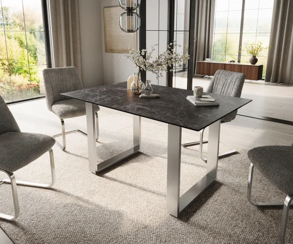 Table de salle à manger Edge 140x90 Céramique Laminam®Nero Greco Anthracite Acier inoxydable Étroite