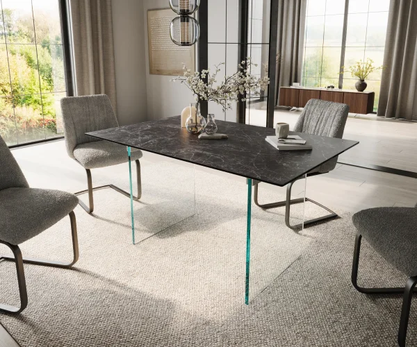 Table de salle à manger Edge 140x90 Céramique Laminam®Nero Greco Anthracite Piètement verre