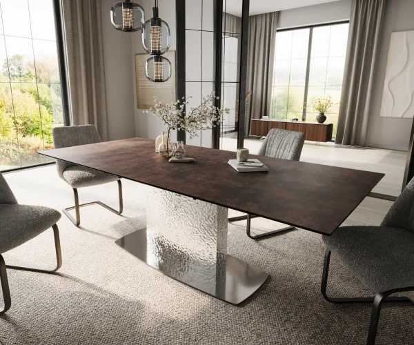 Table de salle à manger Edge 180-220x90 verre antique-brun Wave inox extensible