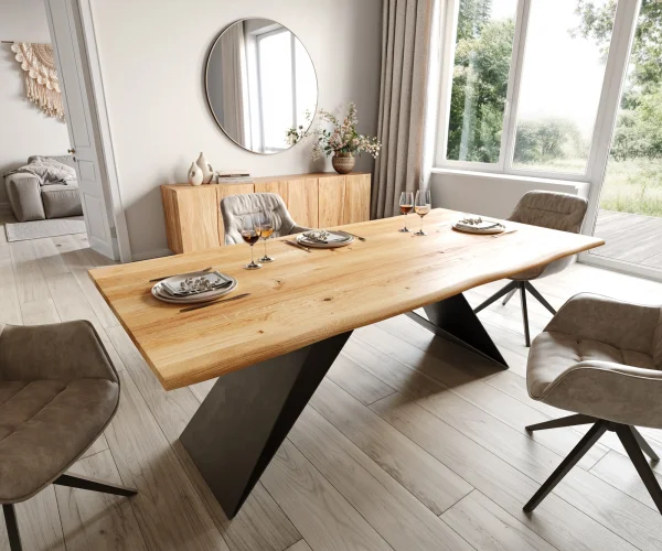 Table de salle à manger Edge 200x100x2,5 chêne naturel piétement en V acier plat noir Live-Edge