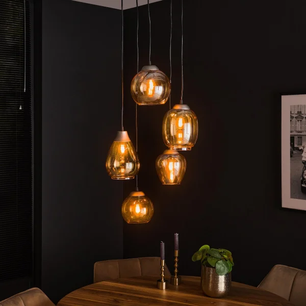 Vico Mix 5L - lampe suspendue - Ø 43 x 180 cm - vieil argent/ambre