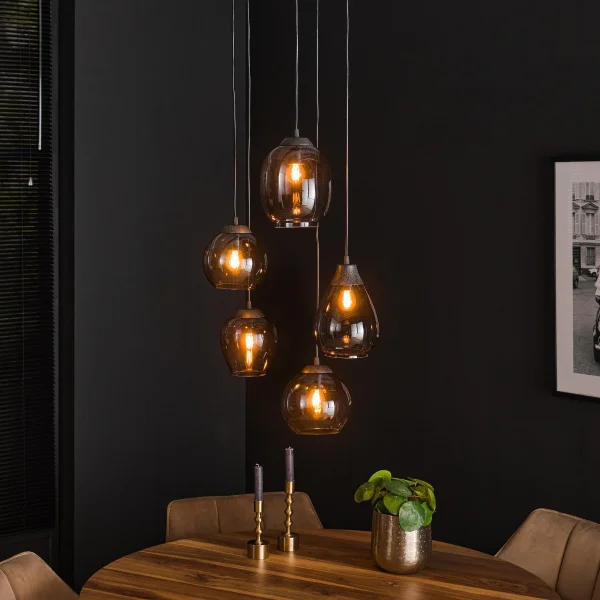 Vico Mix 5L - lampe suspendue - Ø 43 x 180 cm - vieil argent/chrome