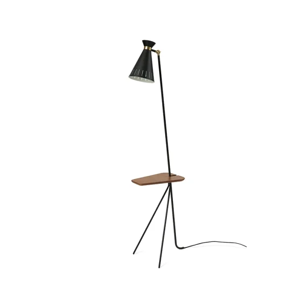 Warm Nordic Lampadaire Cone black noir, table en teck, détails en laiton